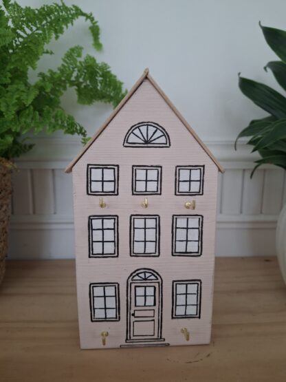 Maison décorative en bois avec crochets dorés, rose poudré (20 cm)