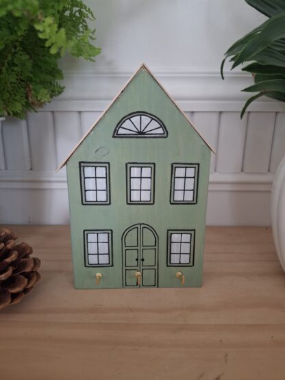 Maison décorative en bois avec crochets dorés, coloris vert olive (15 cm)