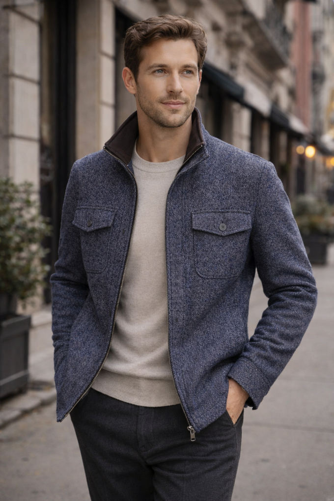 Coupon tissu en laine et polyester (40% laine) bleu chiné, 1m45 X 1m20 – Image 2